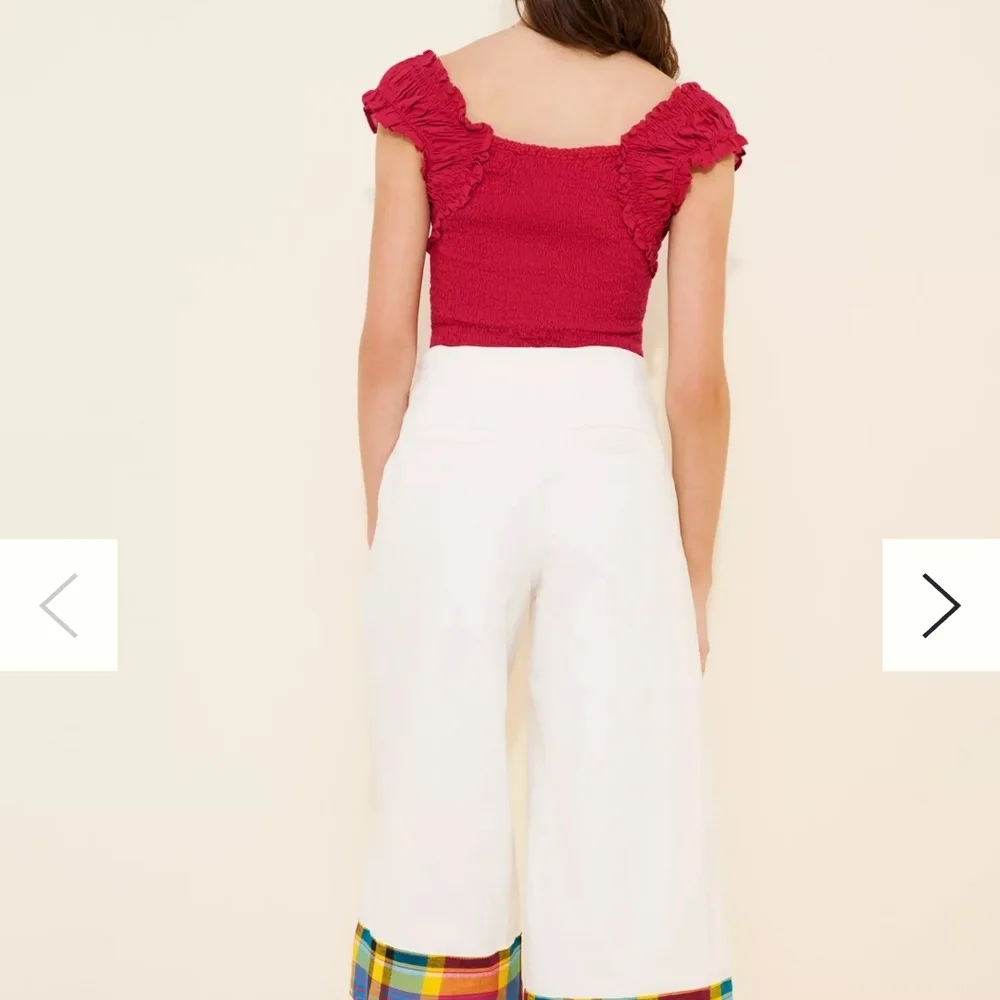 Anthropologie White Wide Leg Pants with Multicolor Plaid Trim - Picture 2 of 4